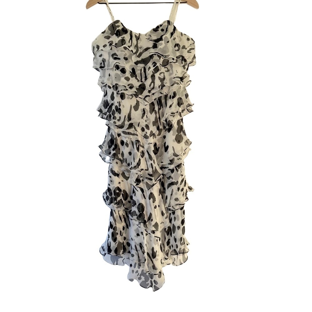 Melinda Eng Black White Tiered Ruffle Strapless Animal Print Cocktail Dress 10
